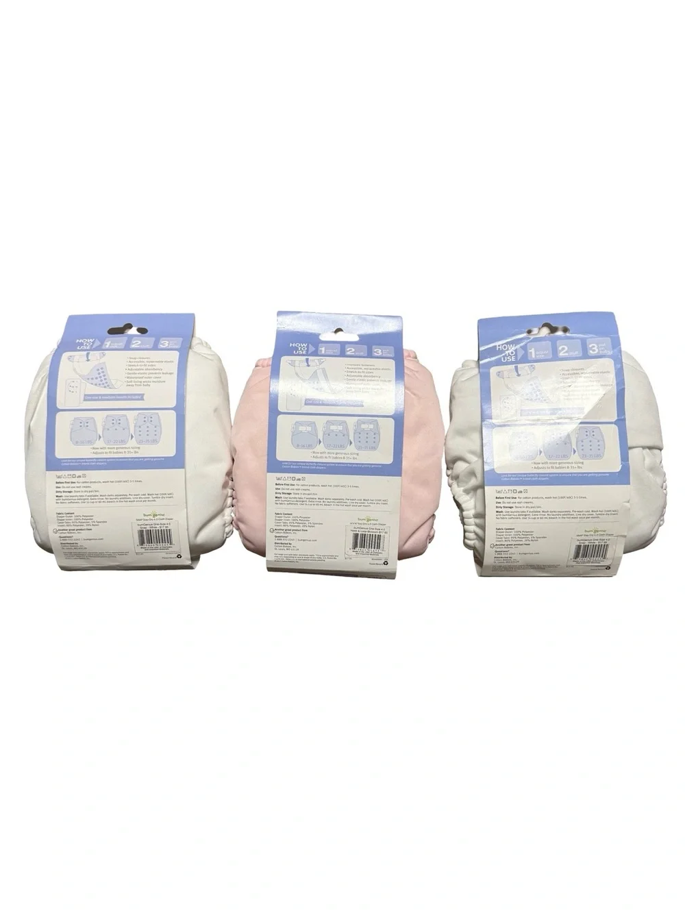 bumGenius Pocket Style Stay-Dry Cloth Diapers 2 White 1 Pink O/S 8-35 lbs new